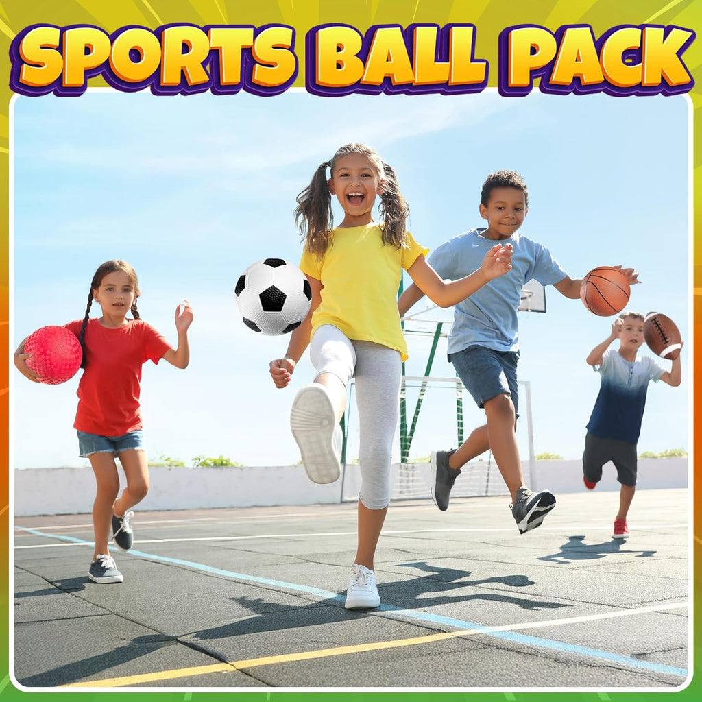 Bedwina Sports Balls for Kids & Toddlers - 5-inch Sports Balls Set Includes Football, Small Soccer Ball, Basketball, and Playground Balls, Fun Indoors & Outdoor Toys (Hand Pump Included)