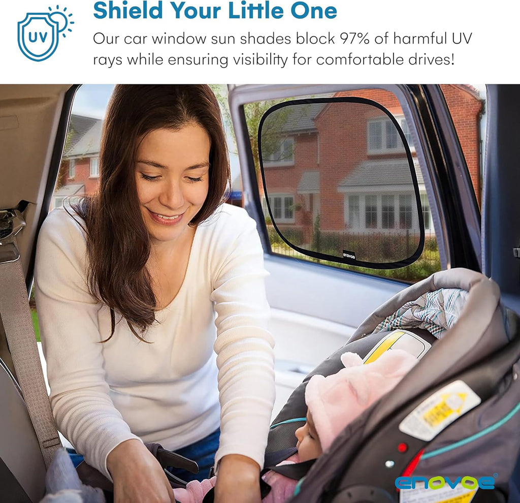 Enovoe Car Window Shades for Baby (4 Pack) - 21"x14" - Sun Shade Blocker, Cling - Glare Shield and UV Rays Protection for Your Child - Side Windows Screens for SUV- Mesh Window Shades for Car Baby