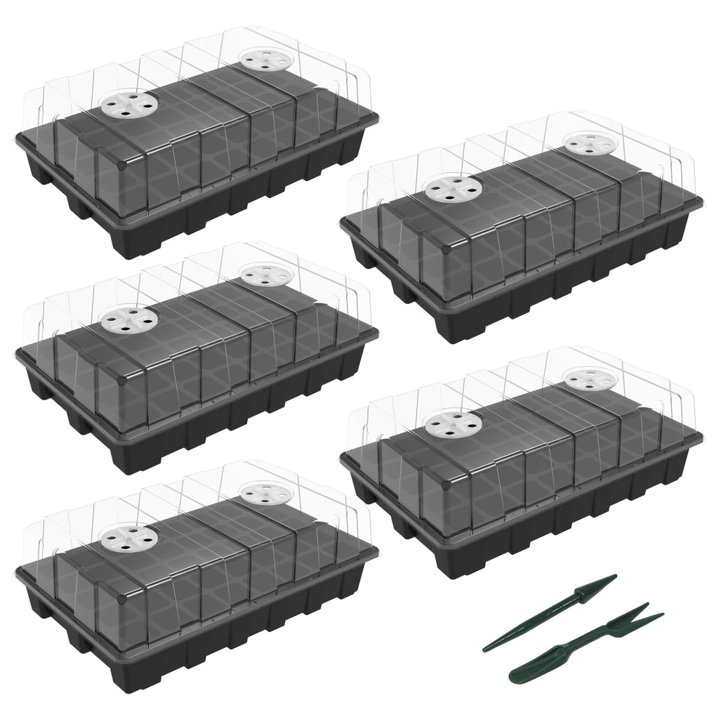 Gardzen 5-Set Seed Starter Tray Kits, Durable Plant Germination Trays with Humidity Vented Domes and Bases, Ideal for Seed Starting, Indoor Gardening, and Greenhouse (Total 200 Cells)