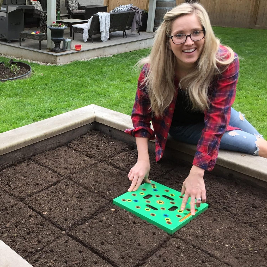 Seeding Square - Patented Seed and Seedling Spacer Tool for Bigger Harvests, Organized Plants & Fewer Weeds – Color-Coded Gardening Template with Dibber, Seed Spoon, Ruler & Planting Guide