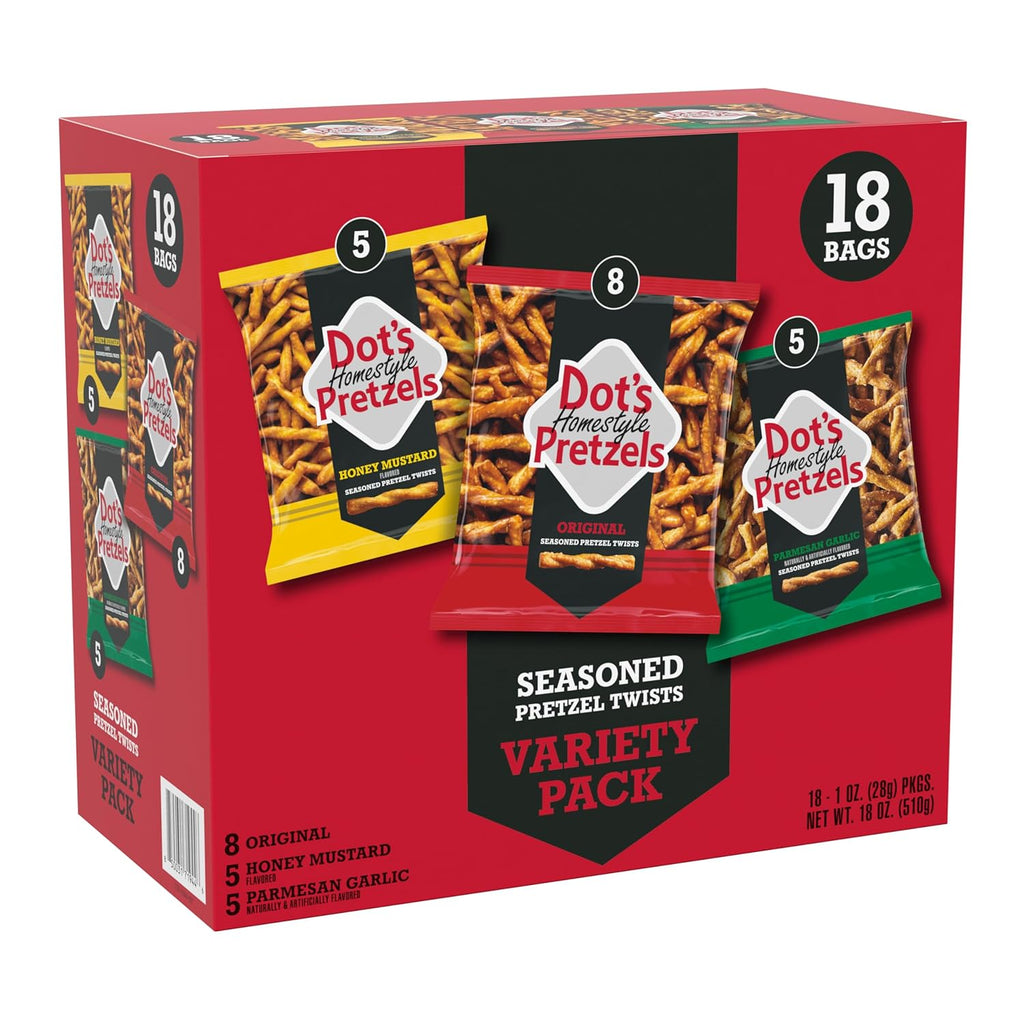 Dot's Homestyle Pretzels Variety Pack, Original, Honey Mustard, and Parmesan Garlic Twist Snack, 1oz Individually Sized Bags (18 Count)