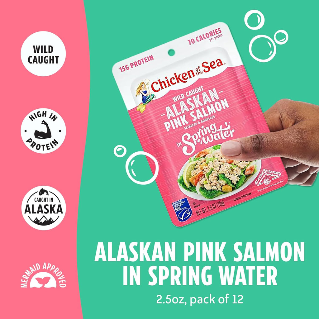 Chicken of the Sea Alaskan Pink Salmon in Spring Water, 2.5 Ounce Packets (Box of 12), Wild Caught, Skinless & Boneless