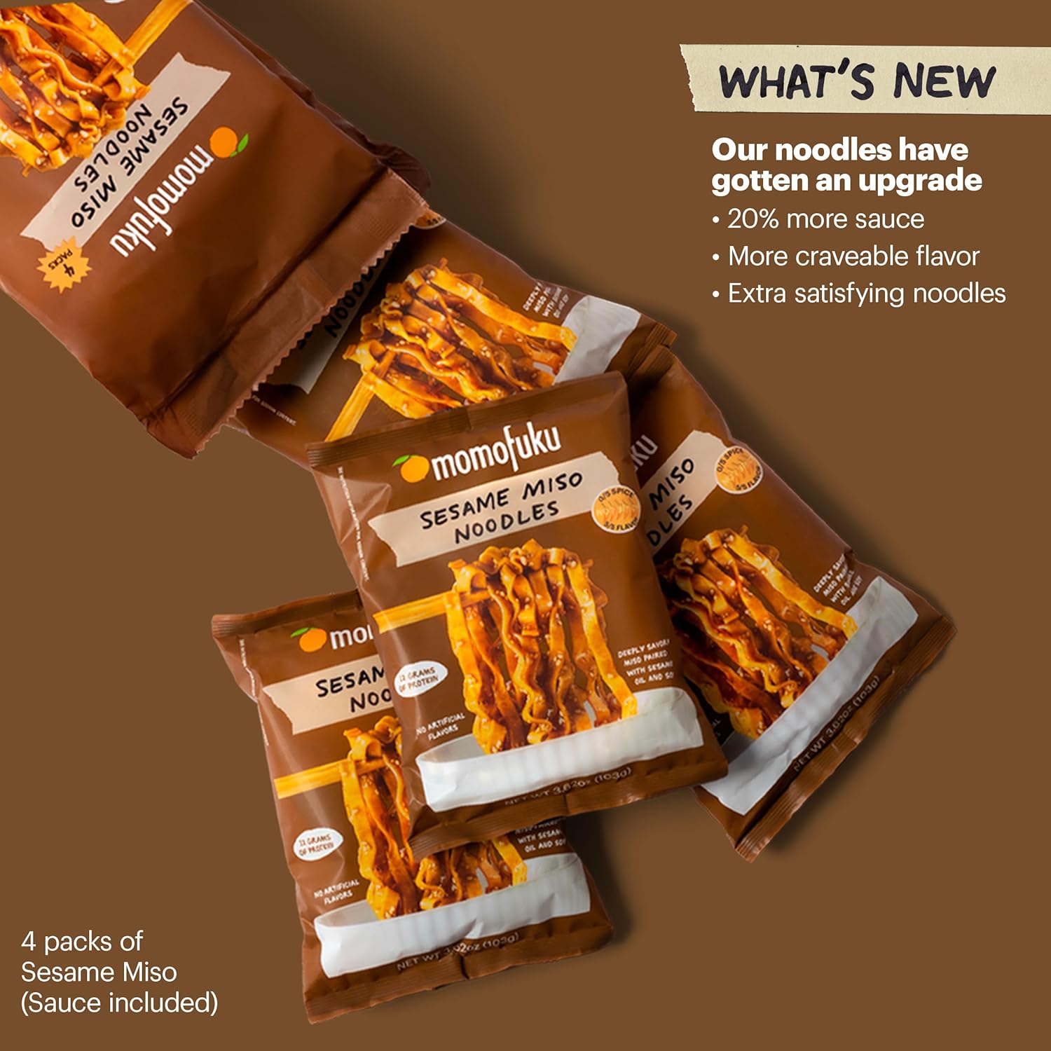 Momofuku Sesame Miso Ramen Noodles by David Chang, Air-Dried Instant Noodles with Sauce and 12g of Plant Based Protein, 4 Servings