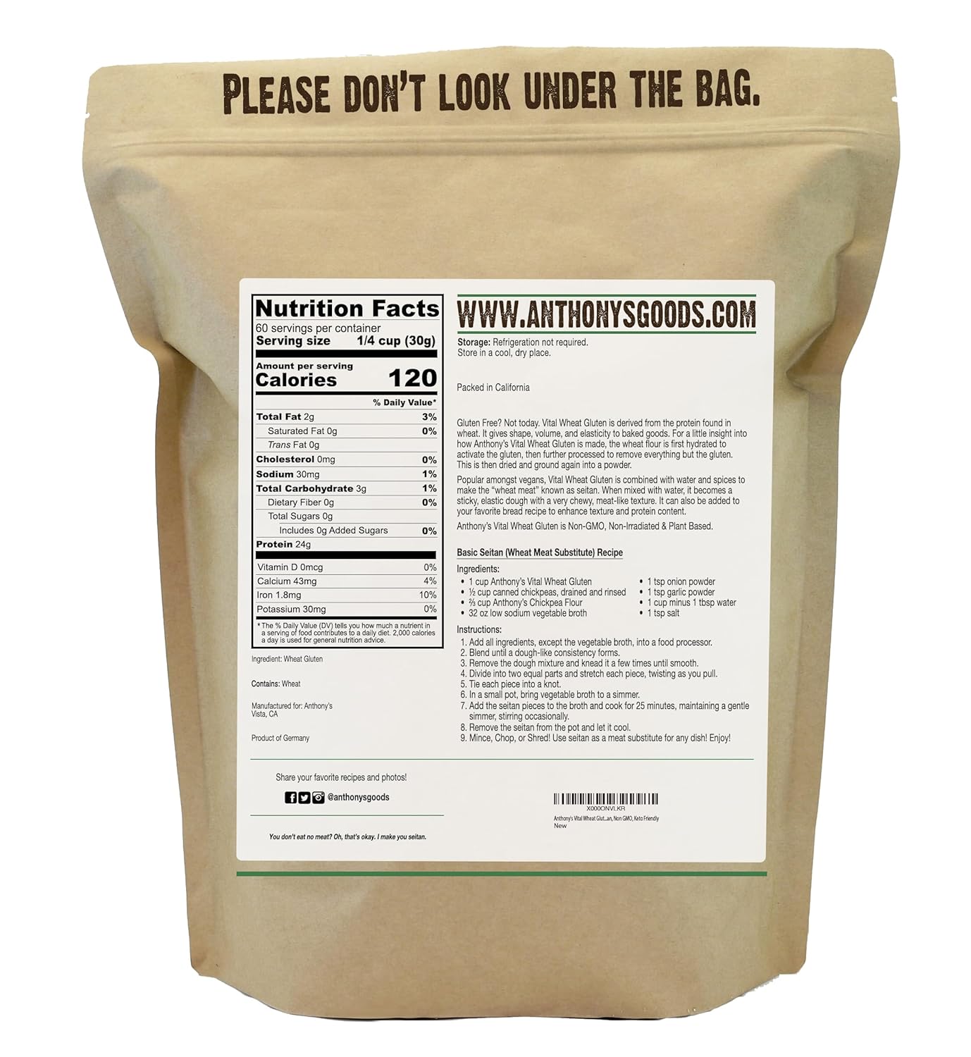 Anthony's Vital Wheat Gluten, 4 lb, Vegan, Non GMO, Keto Friendly, Low Carb