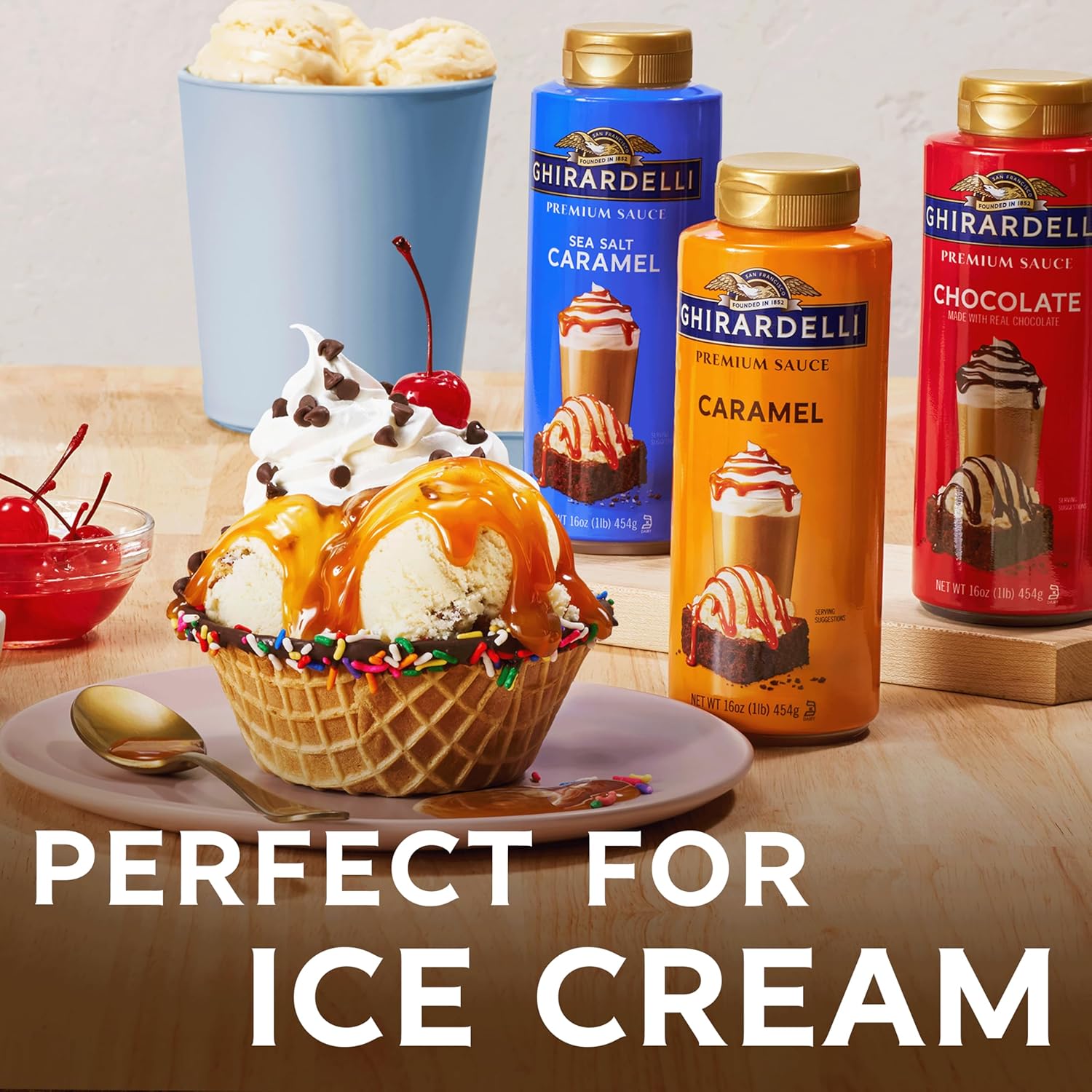 GHIRARDELLI Premium Dessert Sauce 16 oz Bottle, Sea Salt Caramel – Smooth Salted Caramel for Desserts & Drinks