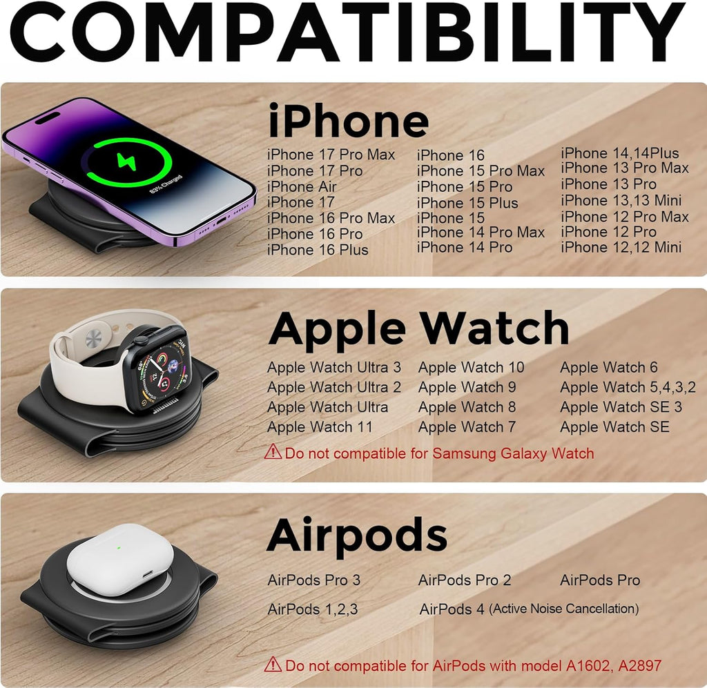 3 in 1 Charging Station for Apple Multiple Devices, Foldable Travel Wireless Charger 18W for iPhone Air 17 16 15 14 13 Pro Max Plus &Apple Watch Series/Airpods