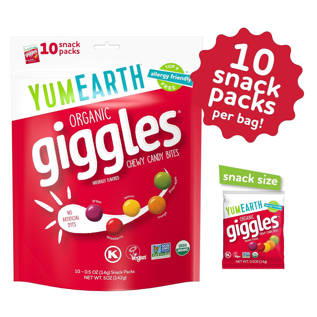 YumEarth Organic Giggles Chewy Candy - Allergy Friendly (Top 9 Free), No Artificial Dyes, Non GMO, Gluten Free, Vegan - Individually Wrapped Fruity Snack Packs - 0.5 Ounce (Pack of 10)