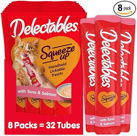 Delectables Squeeze Up Creamy Squeezable Puree, Lickable Wet Cat Treats, Grain Free, No Added Fillers, No By-Products, No Added Preservatives, 0.5 Ounces Tuna & Salmon, 32 Tubes Total