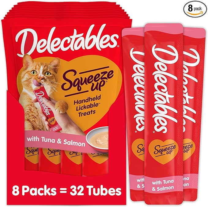 Delectables Squeeze Up Creamy Squeezable Puree, Lickable Wet Cat Treats, Grain Free, No Added Fillers, No By-Products, No Added Preservatives, 0.5 Ounces Tuna & Salmon, 32 Tubes Total