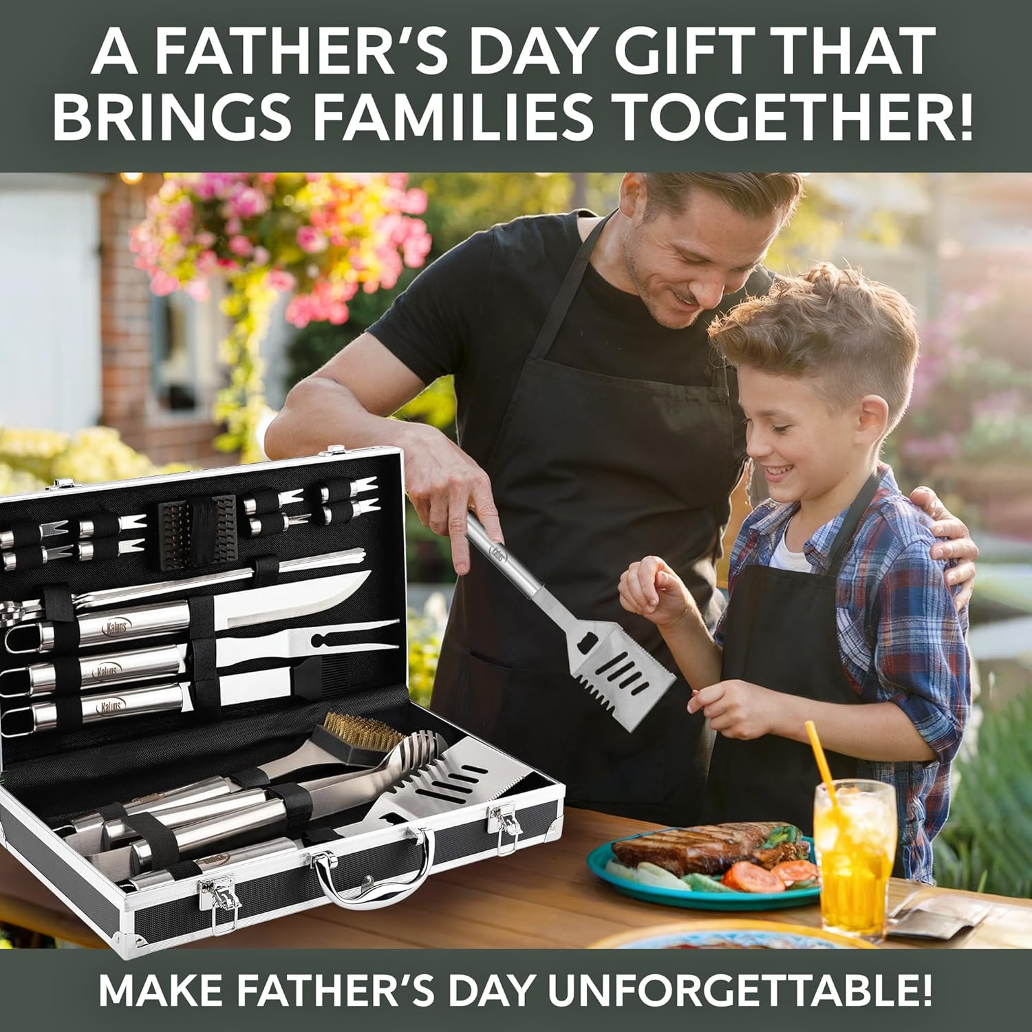 Kaluns Grilling Accessories, Gifts for Men Christmas Grilling Gifts for Dad, Heavy Duty Stainless Steel BBQ Grill Tools Set for Outdoor Grill with Aluminum Case and Apron, Birthday Gifts for Men Dad