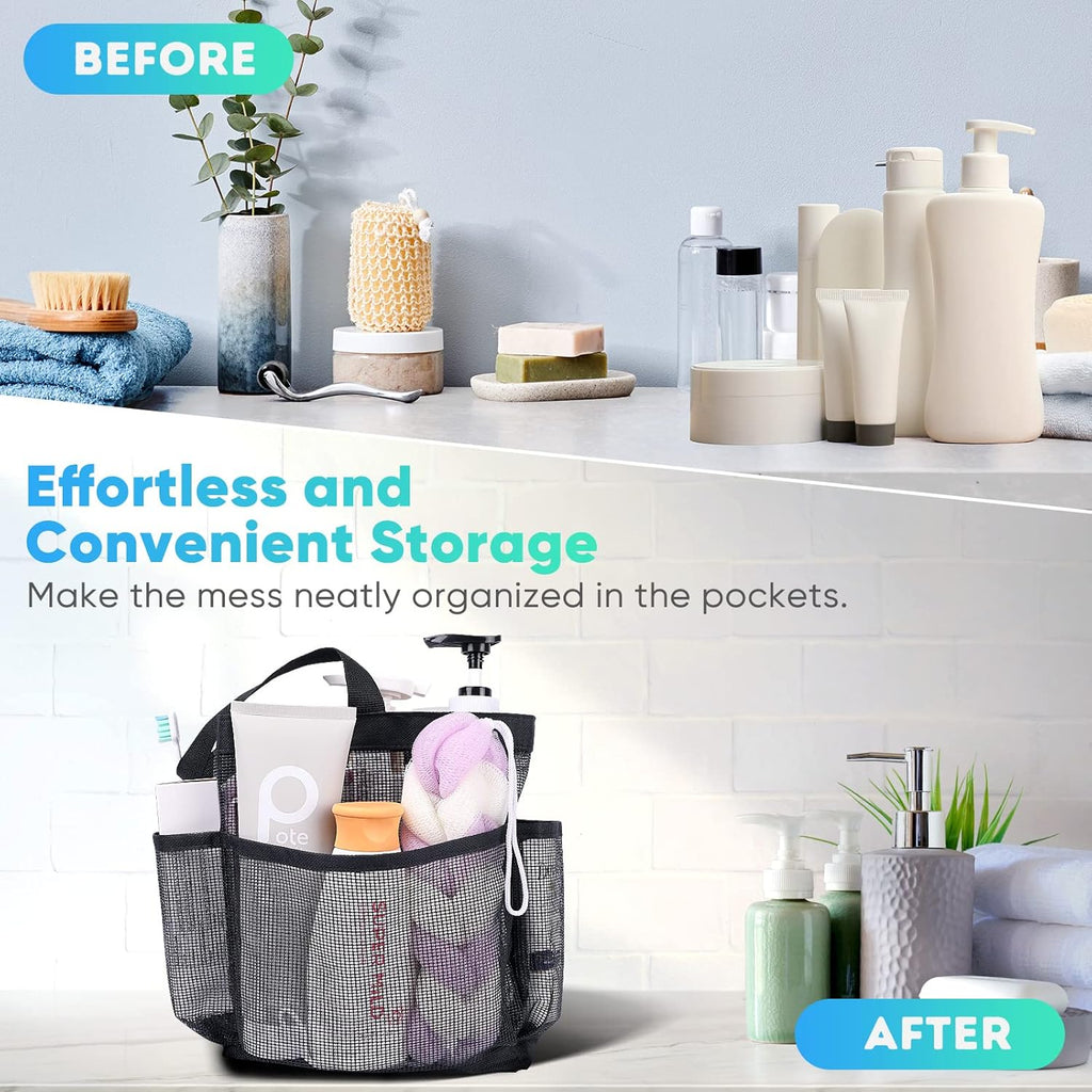 Mesh Shower Caddy Portable for College Dorm Room Essentials, 8-Pocket Large Capacity Shower Bag for Beach, Swimming, Gym