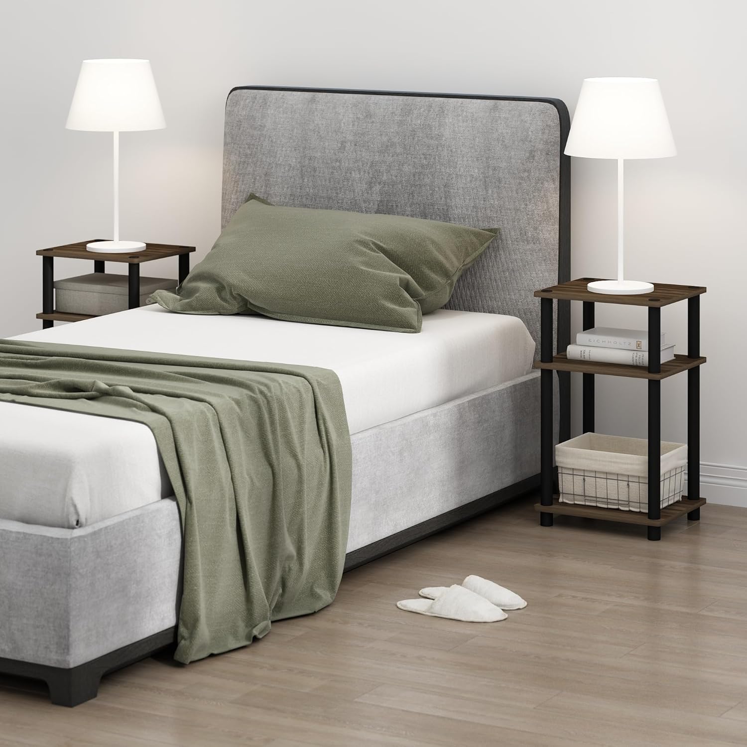 Furinno JUST Side Table, 3-Tier End Table, Open Shelves Night Stand, Bedside Table, Toolless Assembly, for Living Room, Bedroom, Bathroom, Columbia Walnut