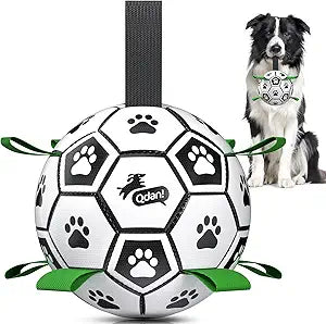 QDAN 6 Inch Dog Toys, Durable Floatable Dog Balls for Tug, Fetch, Herding and Water Play, Soft PU, World Cup Dog Soccer Ball with Straps for Small to Medium Dogs, Ideal Outdoor Play & Birthday Gift