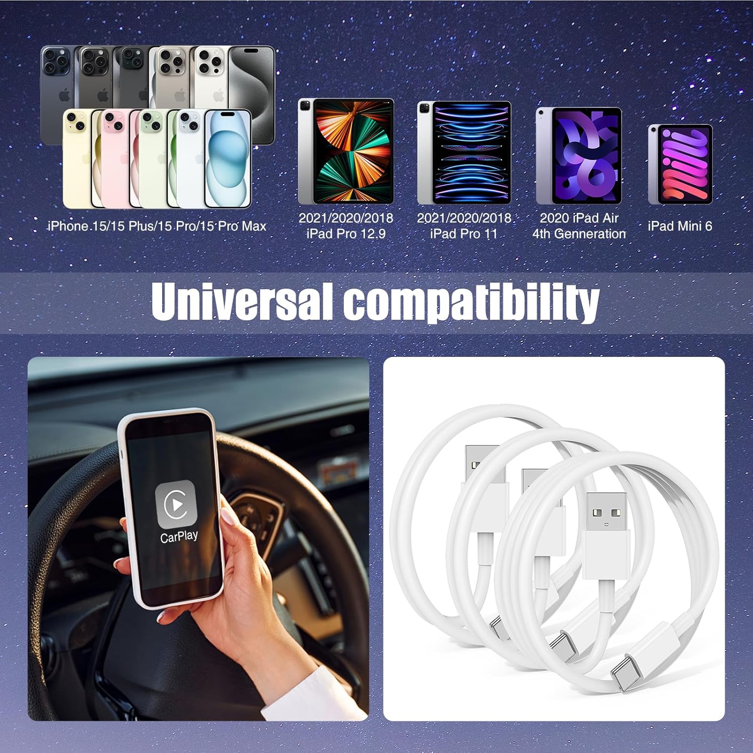 Car Carplay Cable for iPhone 17 16 15 Pro Plus Pro Max Air，3-Pack [3.3FT+3.3FT+6FT] USB A to USB C Cable for iPhone 17 16 15，for iPad Pro/Air/Mini，for Galaxy S25 S24，for MacBook Pro/Air and More