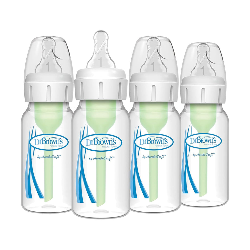 Dr. Brown's Natural Flow Anti-Colic Options+ Narrow Baby Bottle, 4 oz/120 mL, with Level 1 Slow Flow Nipple, 0m+, 4 Pack