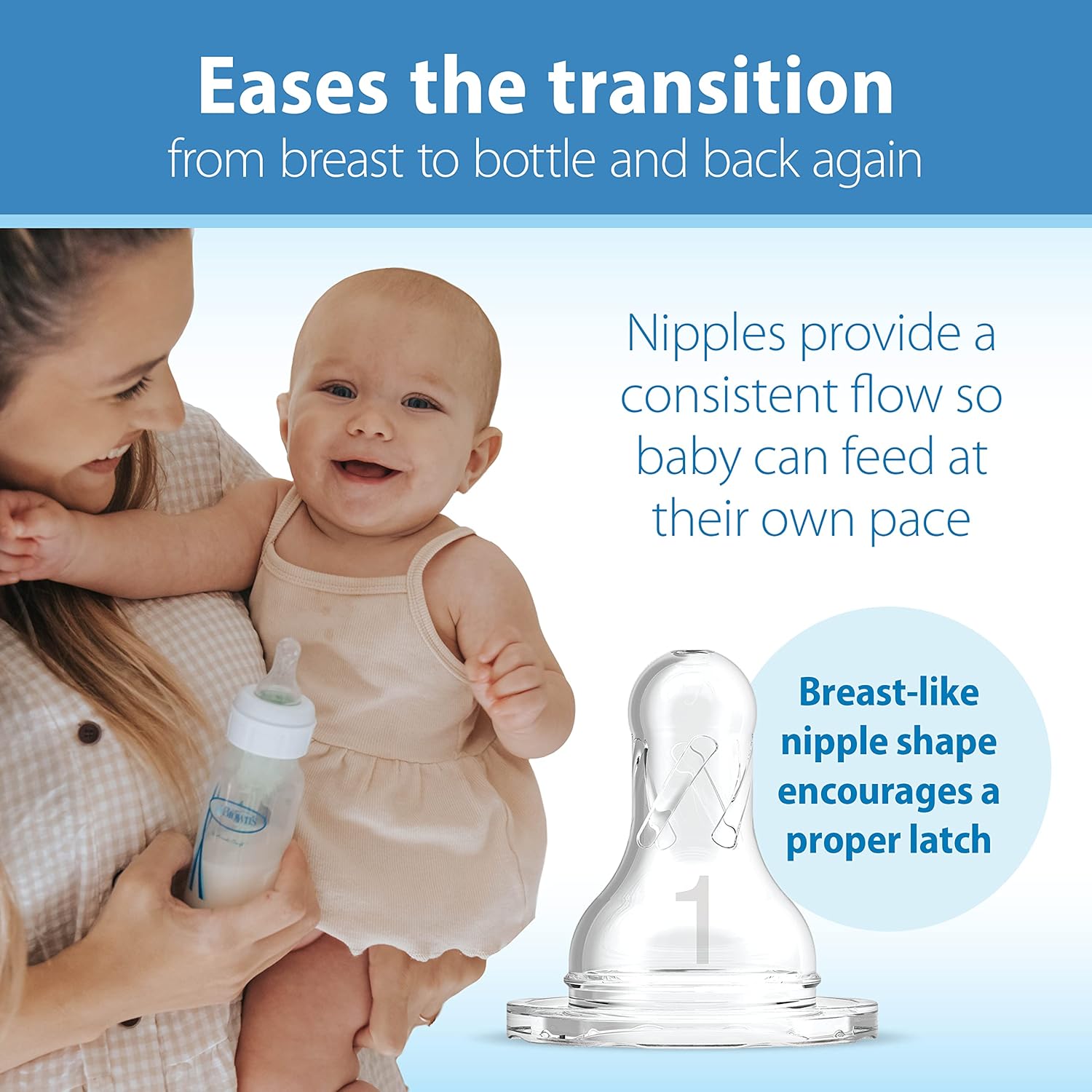 Dr. Brown's Natural Flow Anti-Colic Options+ Narrow Baby Bottle, Blue Nature, 8 oz/250 mL, with Level 1 Slow Flow Nipples, 0m+, 4 Pack