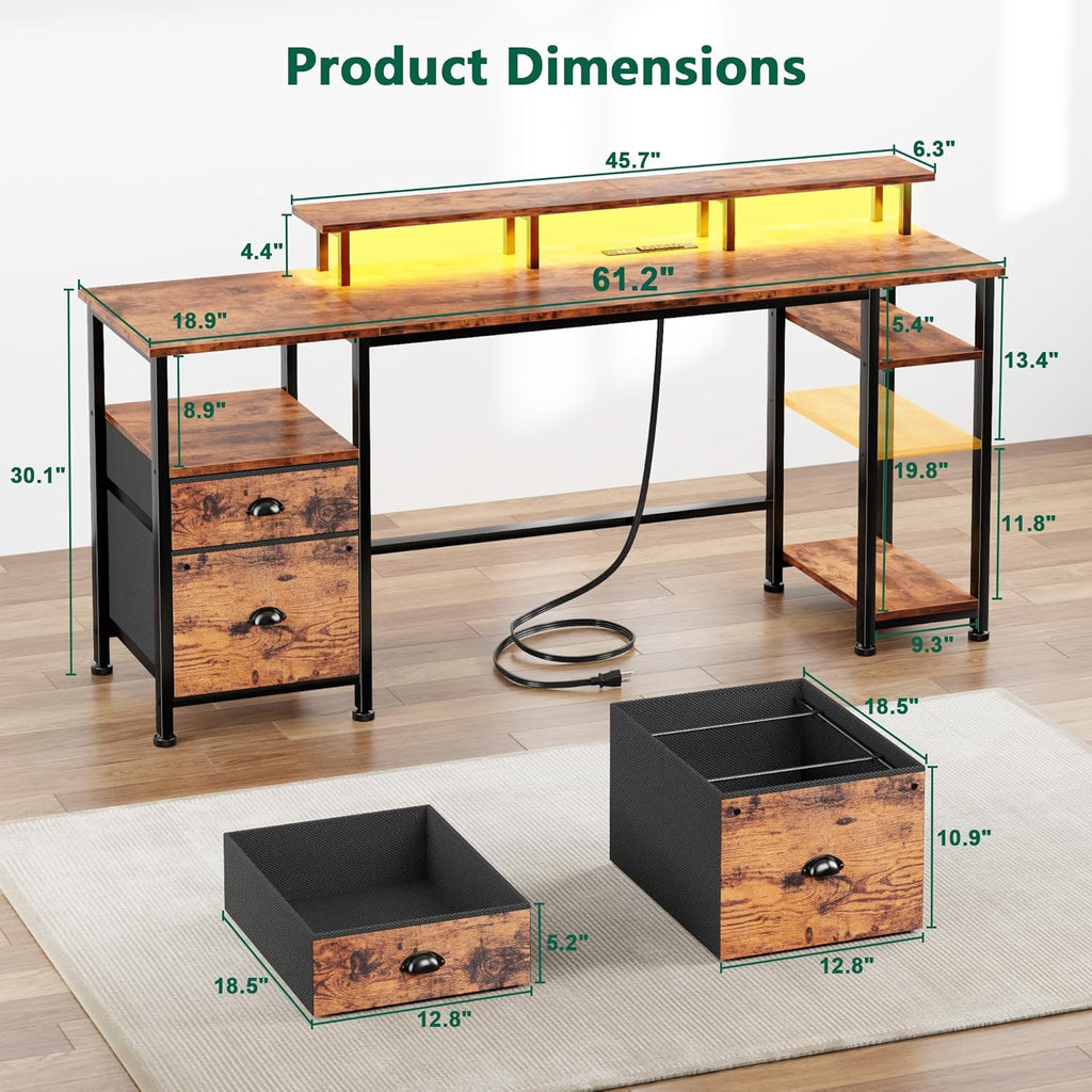 Furologee 61" Computer Desk with Power Outlet & LED Lights, Reversible Gaming Desk with File Cabinet & Monitor Stand for Home Office, Writing Study Table with Storage Shelves and Drawer, Rustic Brown