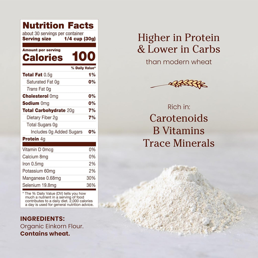 Jovial Organic Einkorn Unbleached All Purpose Flour - Bread Baking Flour for Sourdough, High Protein, Non-GMO, Organic Pizza & Pasta, European Italian, Glyphosate Free - 32 Oz