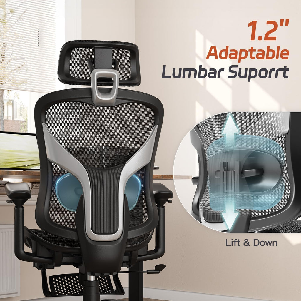 Ergonomic Office Chair, Mesh Desk Chair with Footrest, Adjustable Lumbar Support, 3D Armrest & Large Headrest, 3-Gear Tilt Recline, Stable Swivel Computer Gaming Chairs for Man Woman