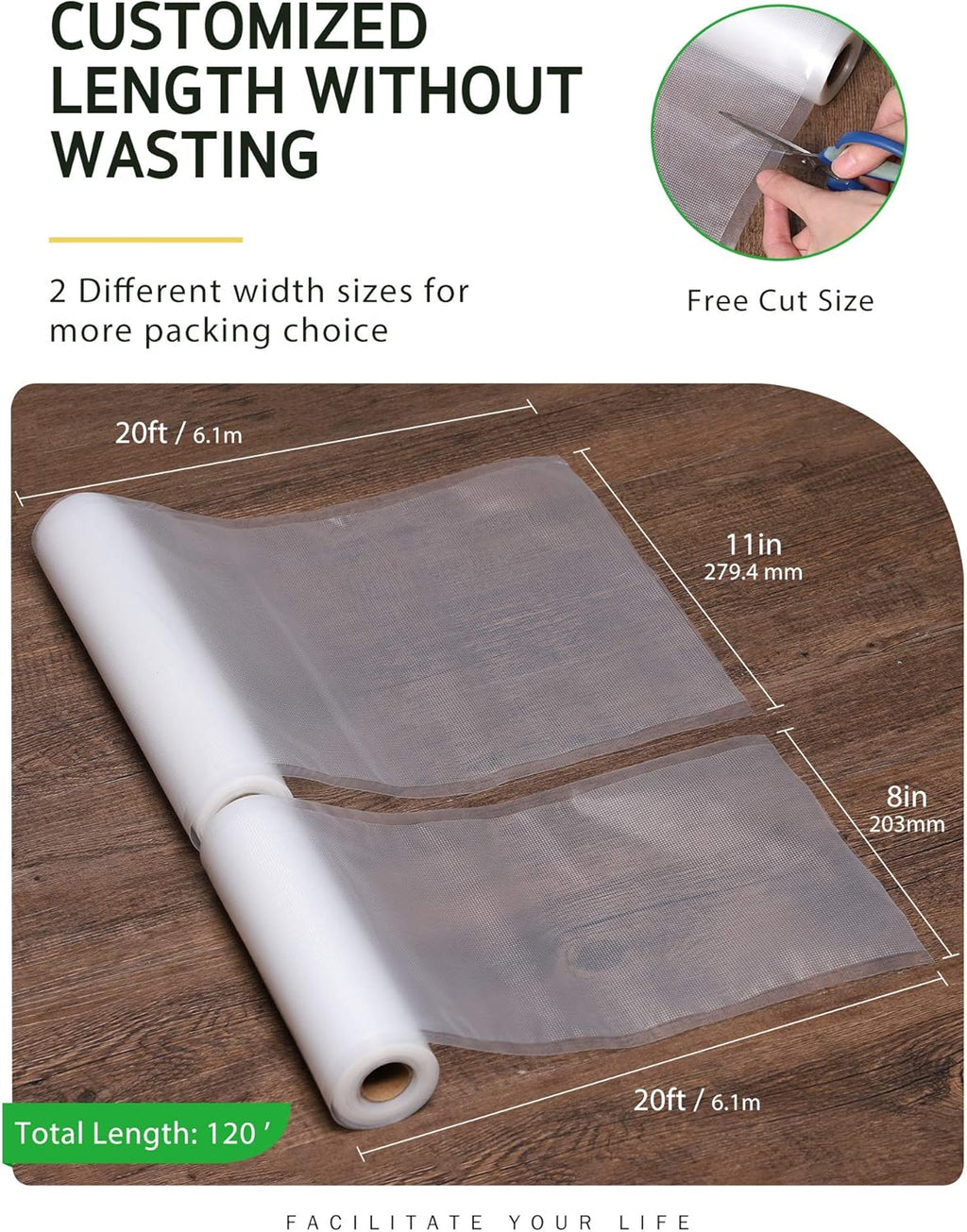 Syntus Vacuum Sealer Bags, 6 Pack 3 Rolls 11" x 20' and 3 Rolls 8" x 20' Commercial Grade BPA Free Bag Rolls, Food Vac Bags for Storage, Meal Prep or Sous Vide