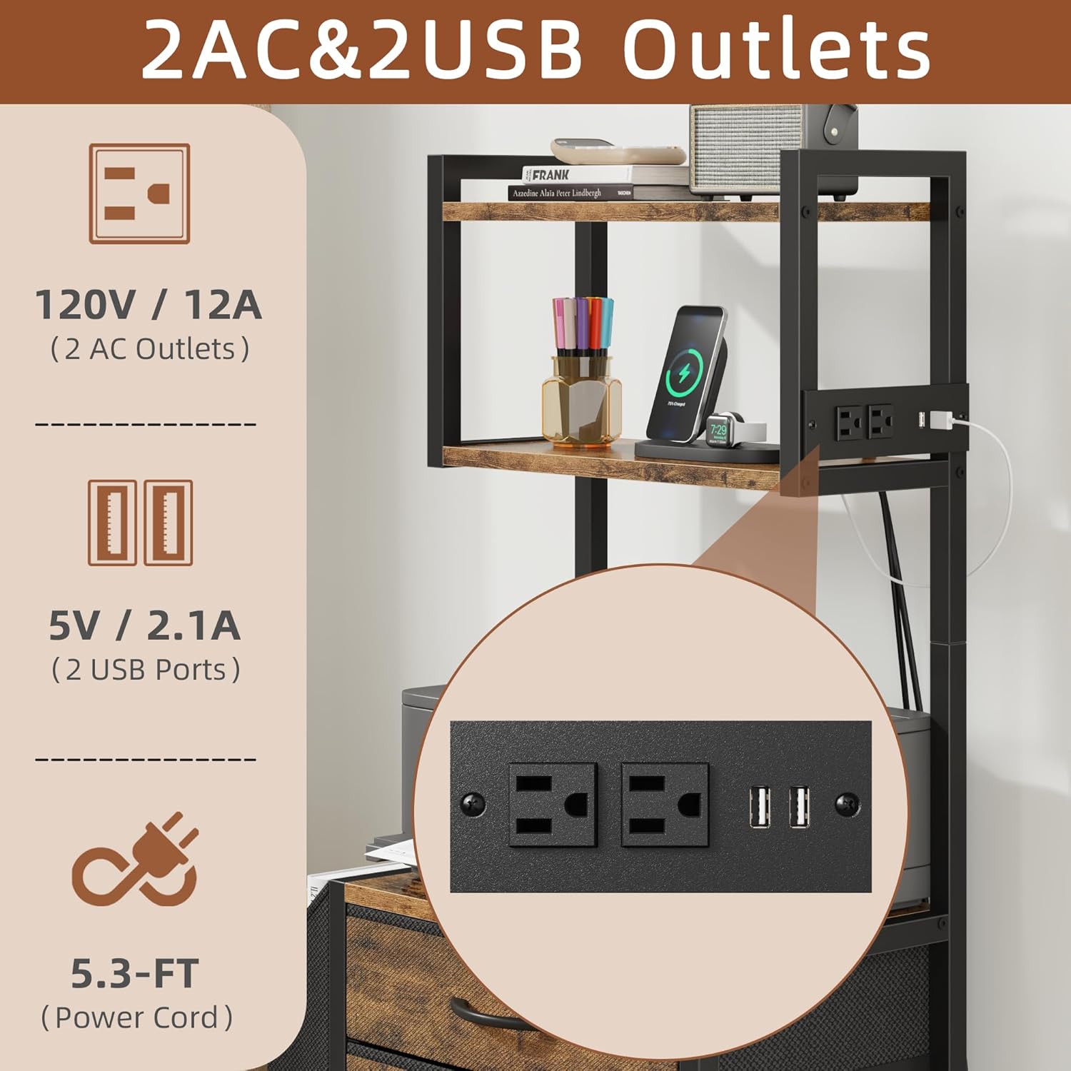 Small 3 Drawer File Cabinet with Charging Station, 45''H, 3-Tier Filing Cabinet for Home Office, 11''*16'' for Small Printer, Fabric Drawer Fits Letter/A4, Tall Printer Stand, Rustic Brown