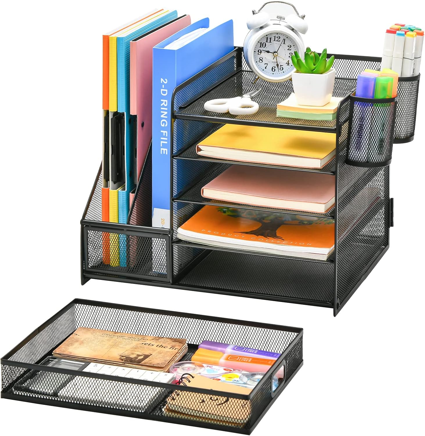 Marbrasse Desk Organizer with File Holder, 5-Tier Paper Letter Tray Organizer with Drawer and 2 Pen Holder, Mesh Desktop Organizer and Storage with Magazine Holder for Office Supplies(Black)