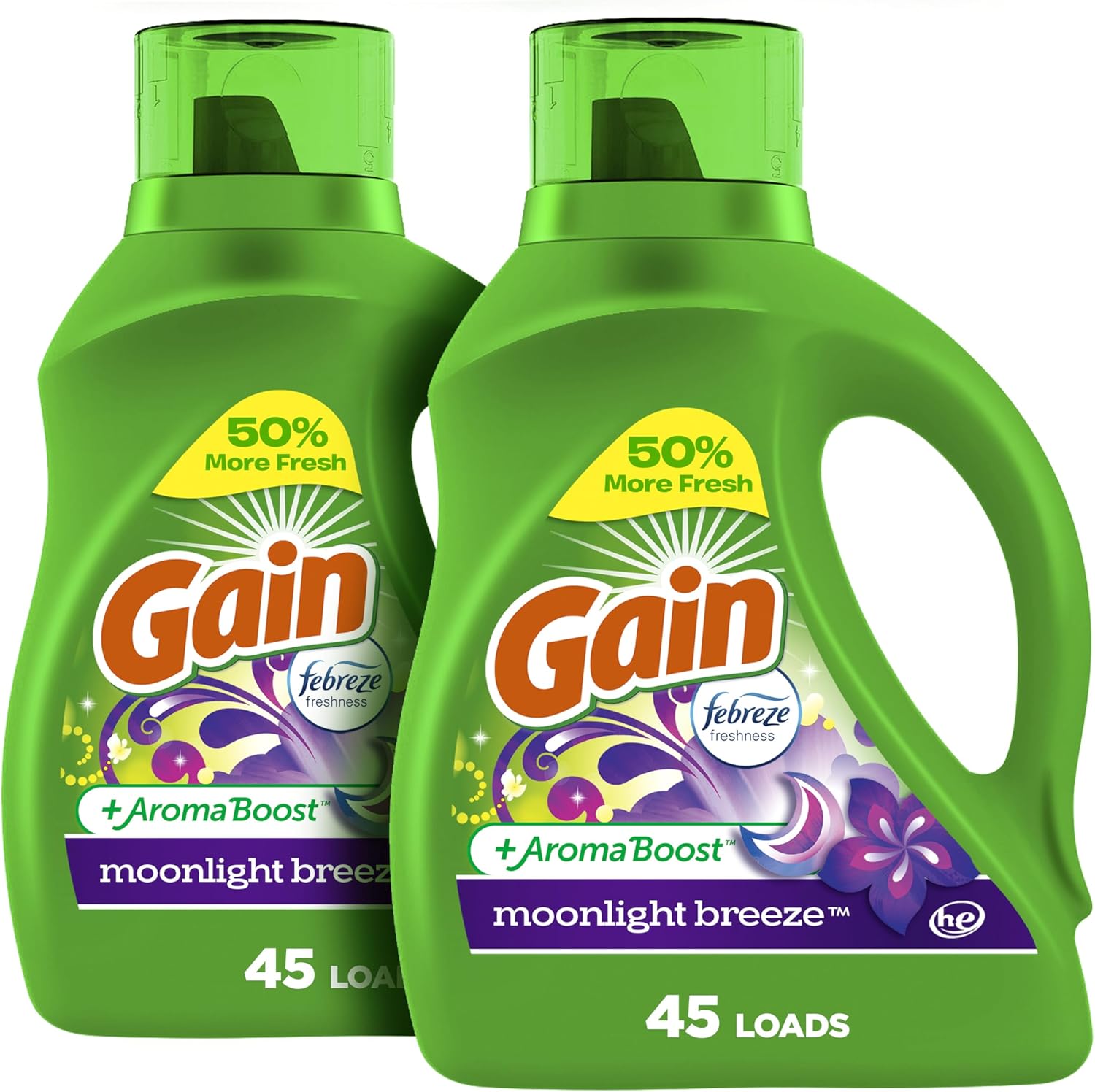 Gain Liquid Laundry Detergent, Moonlight Breeze Scent, 65 fl oz x 2, 45 x 2 loads, Freshness + Odor Fighting, High Efficiency Washing Machine Liquid Cleaning Soap