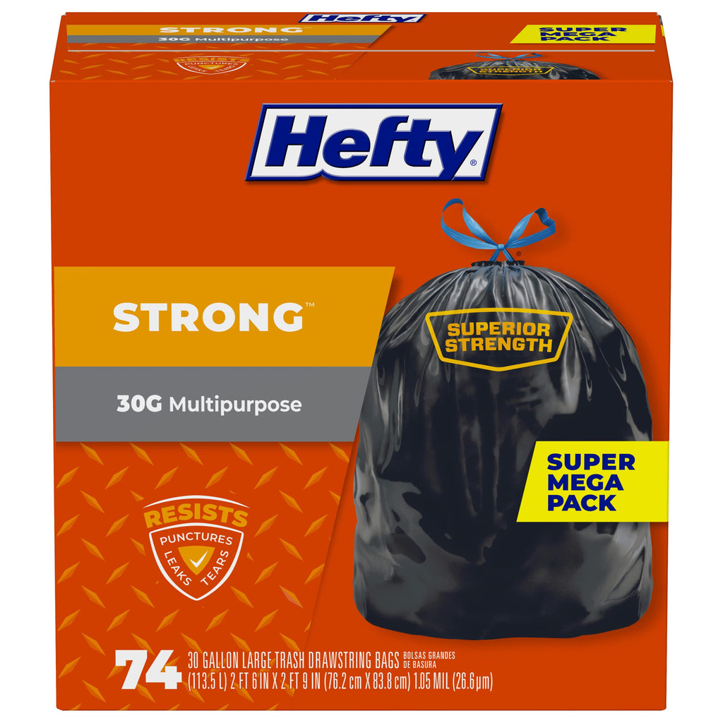 Hefty Strong 30 Gallon Trash Bags with Drawstrings, Black, Unscented, 74ct | Bulk 30G Large Trash Bags, Resists Leaks, Punctures, Tears, Ideal for Party Cleanup, Donations, Storage, Multipurpose Uses