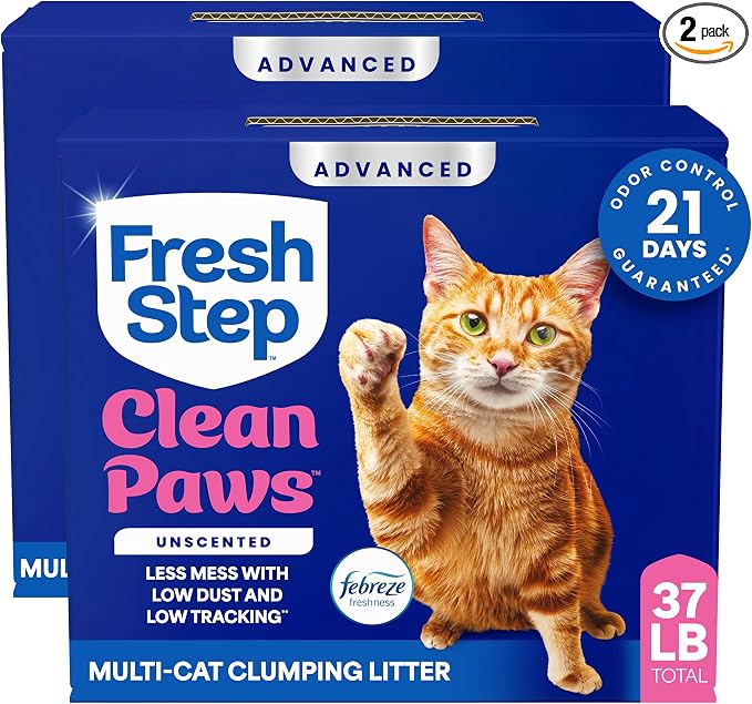 Fresh Step Advanced Clean Paws Multi Cat Clumping Litter with Febreze Freshness, Low Tracking, 18.5 lb. Box, Pack of 2 | Low Tracking Granules for Less Mess, Scented with Febreze Freshness, Low Dust, Compatible with Most Auto Litter Boxes