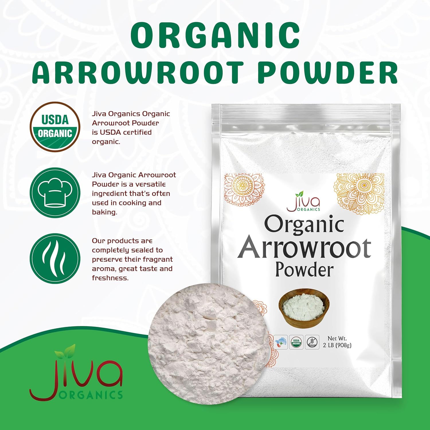 Jiva Organics Organic Arrowroot Flour (Powder) 2 Pound Bag - Raw, Non-GMO, Gluten Free