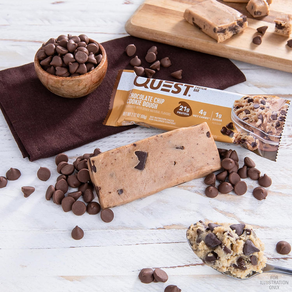 Quest Nutrition Chocolate Chip Dough Cookie Protein Bars, 21g Protein, 1g Sugar, 4g Net Carb, High Fiber, Gluten Free, Keto Friendy, 12 Count