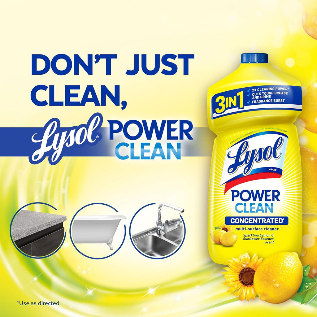Lysol Power Clean Multi-Surface Cleaner, 2x Concentrated Pour, Sparkling Lemon & Sunflower Essence scent, 28 Fl Oz (Packaging May Vary)