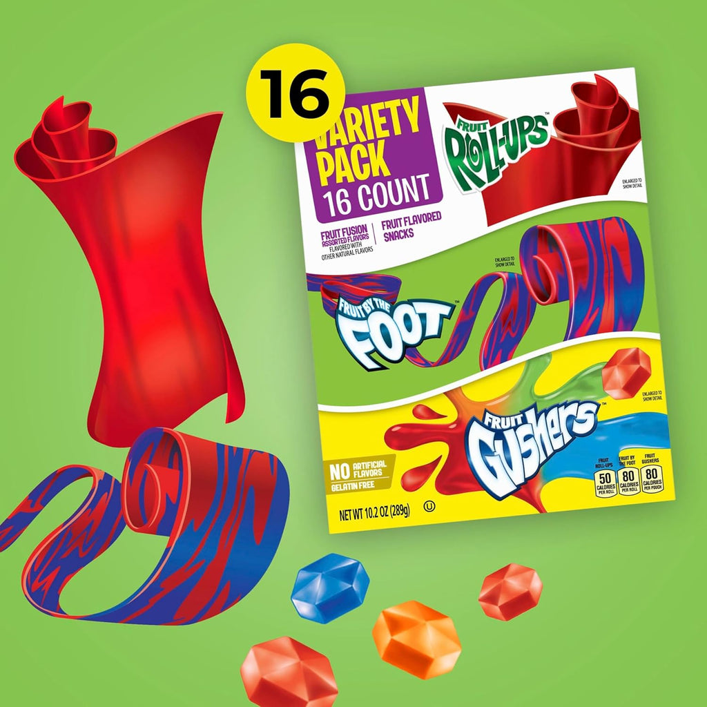Fruit by the Foot Snacks Variety Pack - Fruit Roll-Ups, Gushers, Gluten Free Gummy Kids Snack, Good Source of Vitamin C, 16 Individually Wrapped Pouches, Perfect for On The Go, 10.2 oz Box