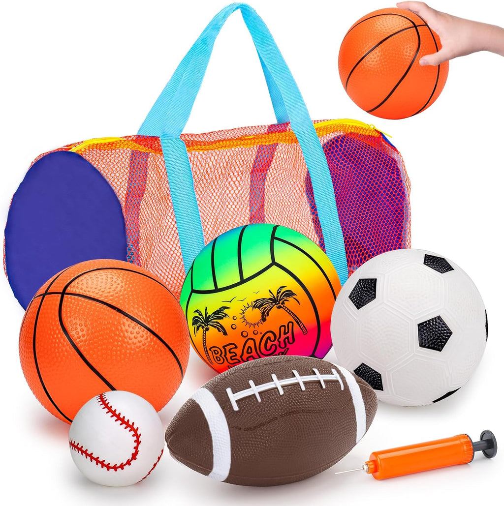 5 Pack Sports Balls Set for Kids with Bag Toddlers 1-3 Football Soccer Basketball Baseball Volleyball Outdoor Toys for 1 2 3 Year Old Boys Sport Bouncy Playground Toddler 1-3 2-4 3-5 Birthday Gifts