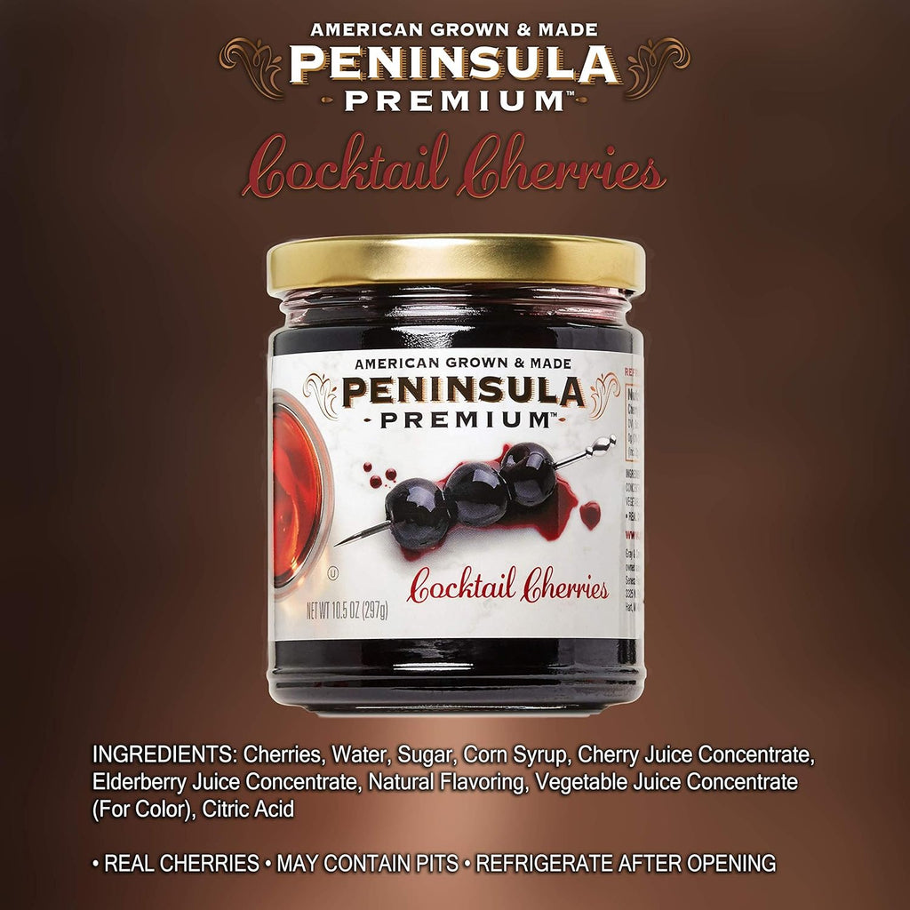 Peninsula Premium Cocktail Cherries | Award Winning | Deep Burgundy-Red | Silky Smooth, Rich Syrup | Luxe Fruit Forward, Sweet-Tart Flavor | Gourmet | American Grown & Made | 10.5 Ounce