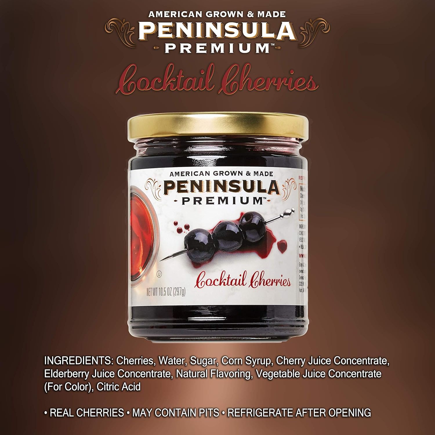 Peninsula Premium Cocktail Cherries | Award Winning | Deep Burgundy-Red | Silky Smooth, Rich Syrup | Luxe Fruit Forward, Sweet-Tart Flavor | Gourmet | American Grown & Made | 10.5 Ounce