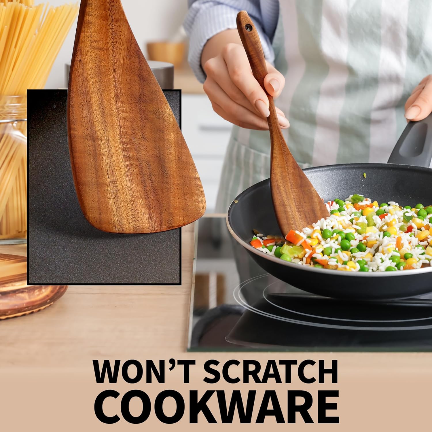 Zulay Kitchen 6-Piece Wooden Spoons for Cooking - Smooth Finish Teak Wood Utensils - Soft Comfort-Grip Cooking Wood Spoons Non-Stick Teak Easy to Clean Utensils Heat Resistant Non-Scratch Spoon Sets