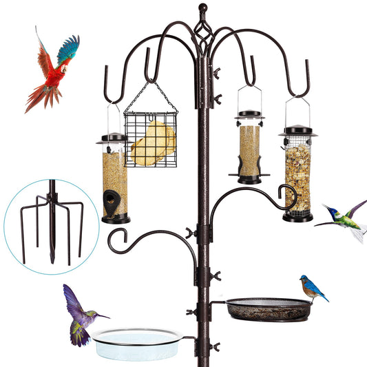 YINGYM 6-Hook Bird Feeding Station Kit, Wild Bird Feeder Stand Pole, Multi-Feeder Kit Stand with 4 Feeders, Bird Bath and Mesh Tray, 94 Inch