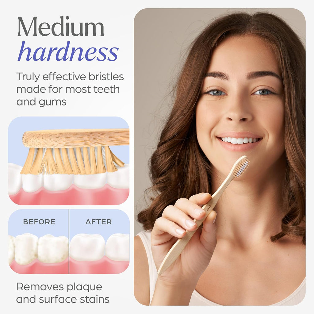 Bamboo Toothbrushes Medium Bristles 10 Pack - BPA Free Medium Bristles Toothbrushes for Adults - Eco-Friendly, Natural Wooden Toothbrush