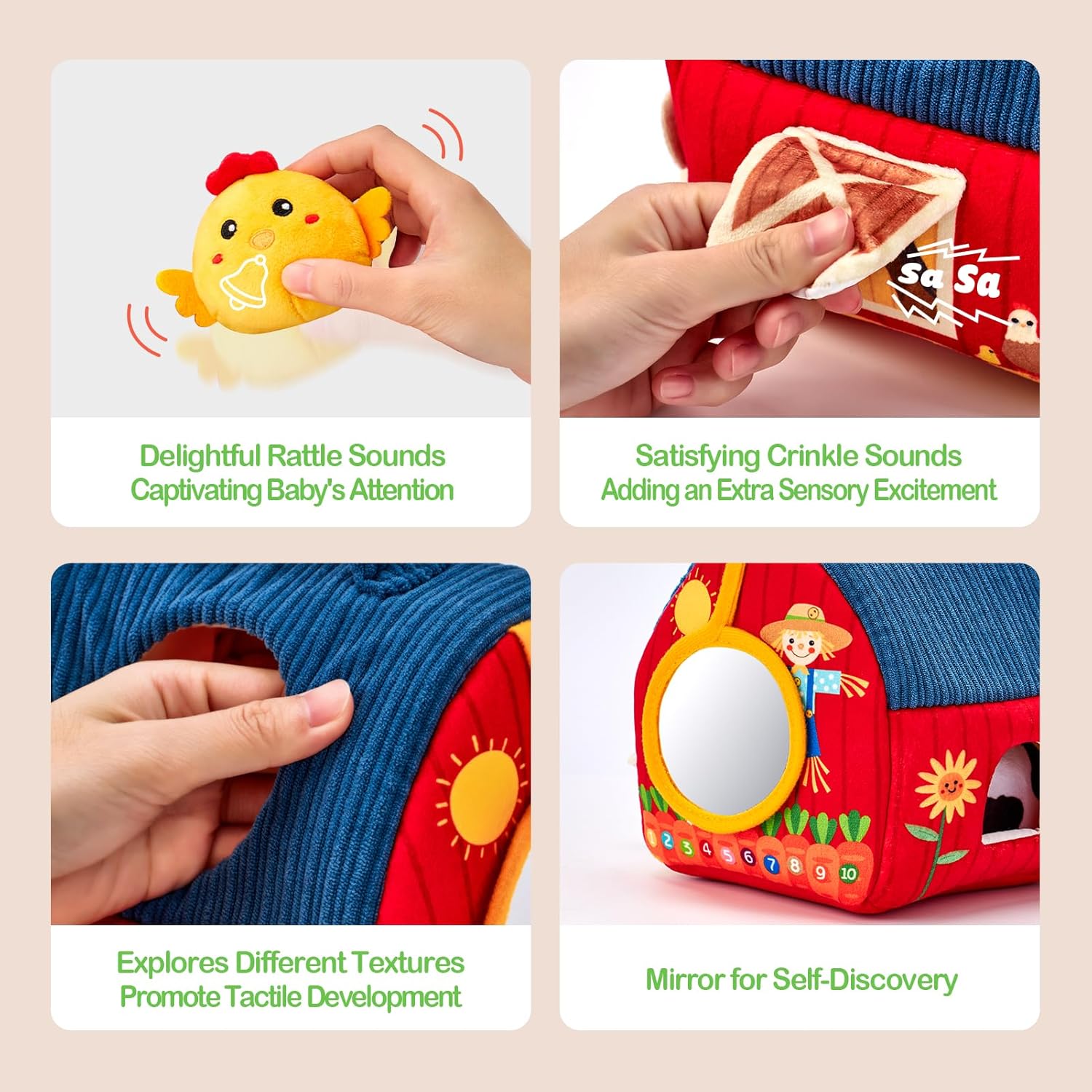 hahaland Baby Toys 6-12 Months - Surprise Barn Stuffed Farm Animals, Rattle, Crinkle, Mirror, Montessori Toys for 6 Month Old Babies Sensory Balls Toddlers 1-3 Gifts Baby Stocking Stuffers