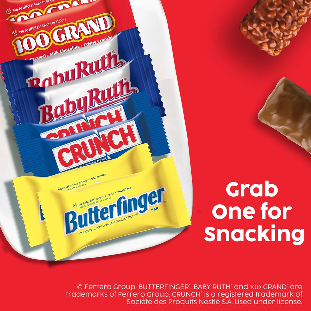 Butterfinger, CRUNCH, Baby Ruth, 100 Grand Fun Size Assorted Candy Bars, Great for Sharing, Bulk 60 Count Pack, 37.2 oz