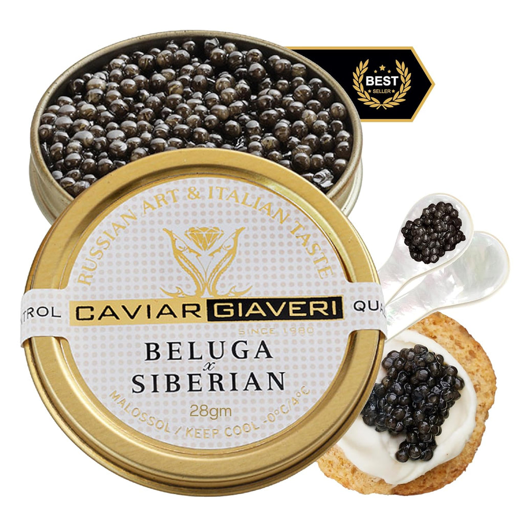 BESTER CAVIAR Royal Beluga Hybrid Sampler Set 1.05oz (30g) – Huso huso x Baerii Sturgeon Sampler Package – Caviar Serving Set with Mini Blinis (30 pcs), Mini Cooler, & 1 Spoon