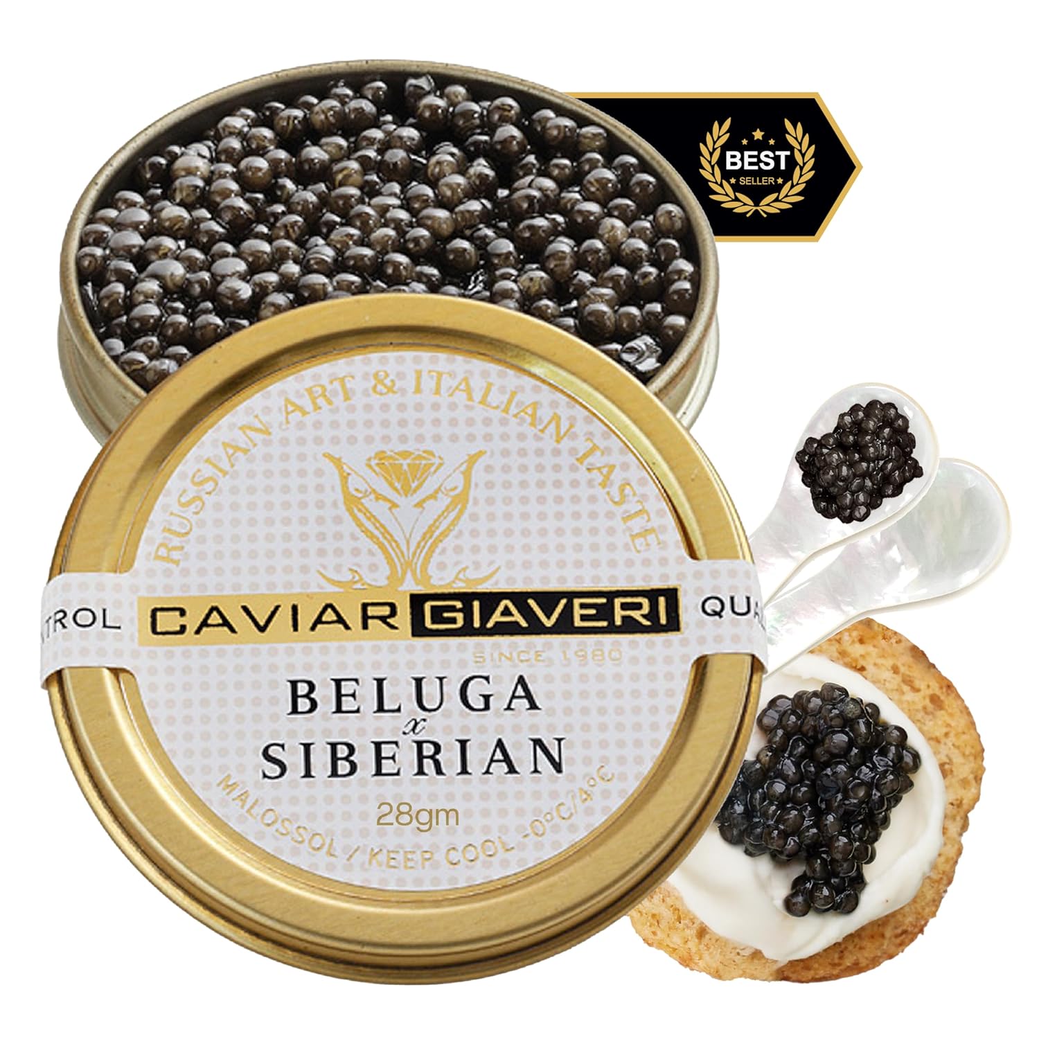 BESTER CAVIAR Royal Beluga Hybrid Sampler Set 1.05oz (30g) – Huso huso x Baerii Sturgeon Sampler Package – Caviar Serving Set with Mini Blinis (30 pcs), Mini Cooler, & 1 Spoon