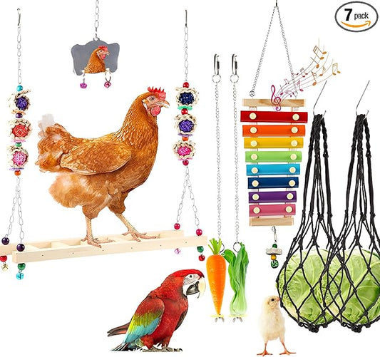 8PCS Chicken Toys for Coop Accessories, Chicken Swing, Xylophone, Mirror, Vegetable Hanging Feeder, Fruit Rack for Poultry Rooster Large Bird Parrot Lovers’ Entertainment Gift