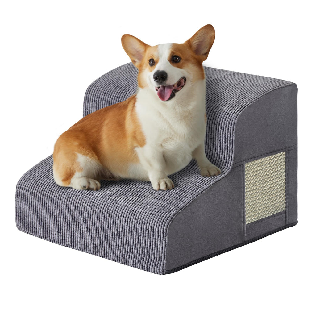 Dogs Steps for Bed, Dog Stairs for Small Dogs, 2-Step Dog Ramp for Bed, Couch, Sofa, and Chairs, Non-Slip Bottom Design, Cat Scratching, High Density Foam Portable Pet Step, Indoor, Grey