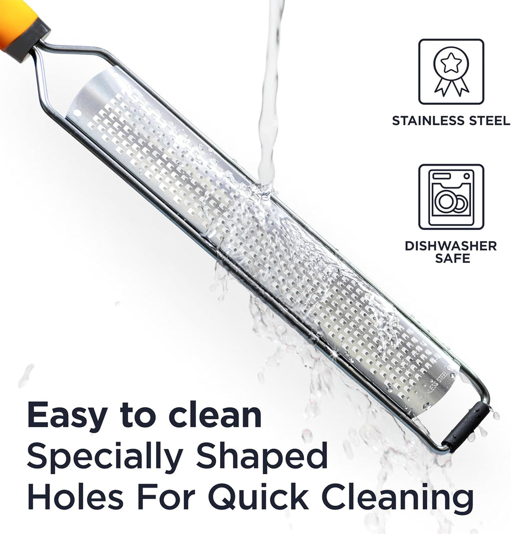 Deiss PRO Citrus Lemon Zester & Cheese Grater — Parmesan Cheese, Lemon, Ginger, Garlic, Nutmeg, Chocolate, Vegetables, Fruits - Razor-Sharp Stainless Steel Blade + Protect Cover - Dishwasher Safe