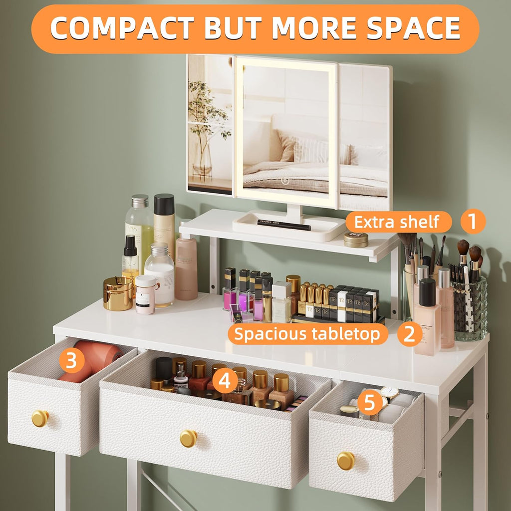 Small Makeup Vanity Desk 27.5''W with Mirror and Lights, Vanity Desk with 3 Fabric Drawers and Height-Adjustable Stand, Vanity Table for Girls Gifts, Bedroom and Small Spaces, White