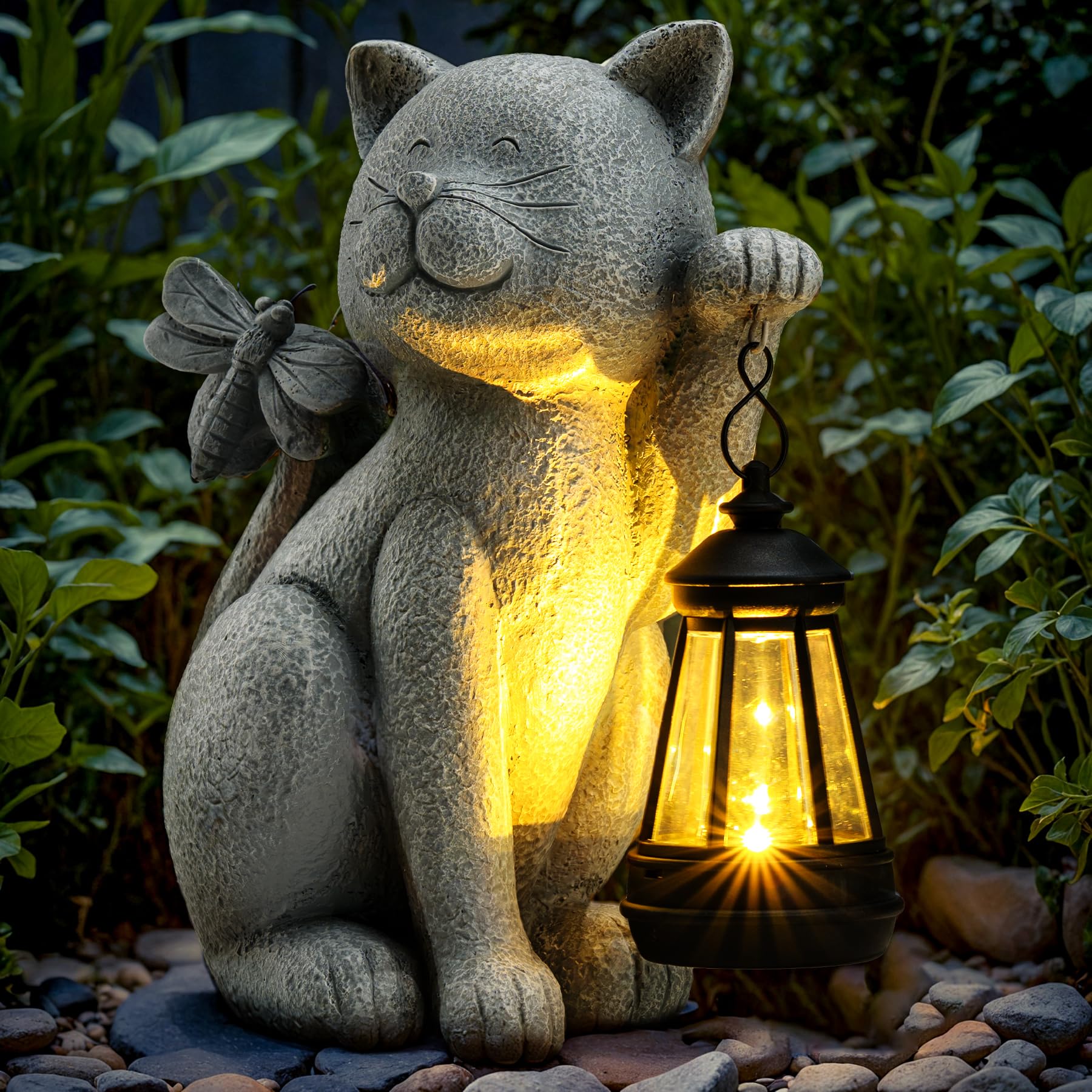 Solar Garden Outdoor Statues Cat with Solar Lantern,Outdoor Cat Figurines Decorations,Lawn Home Decor for Patio, Balcony, Yard Ornament,Unique Housewarming and Birthdays Gifts for Mom Women Grandma