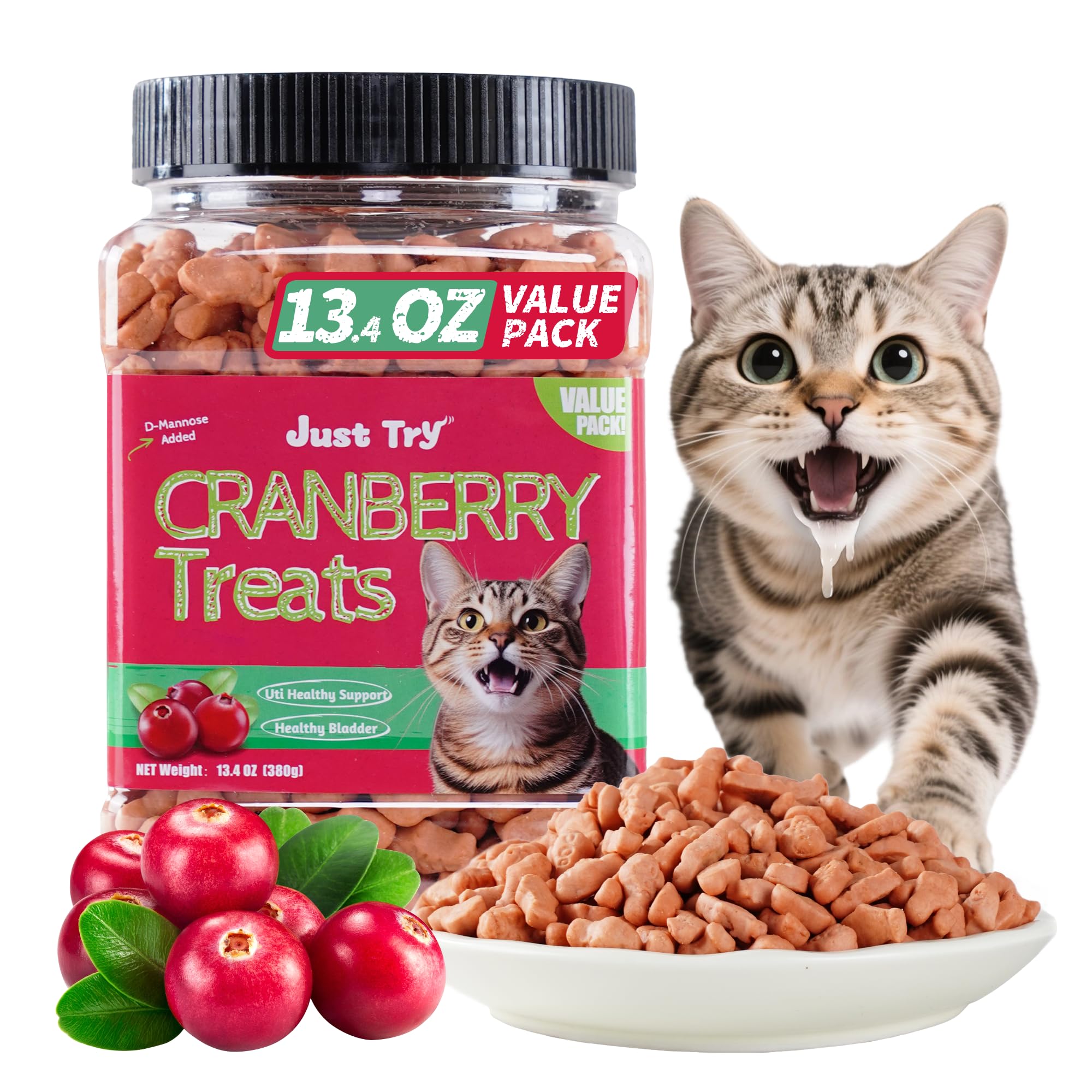 Just Try 13.4 OZ Urinary Tract Health Cat Treats for Indoor Cats, Cranberry & D-Mannose for Kidney Bladder and UT Support, Health Cat Supplement Crunchy Chews