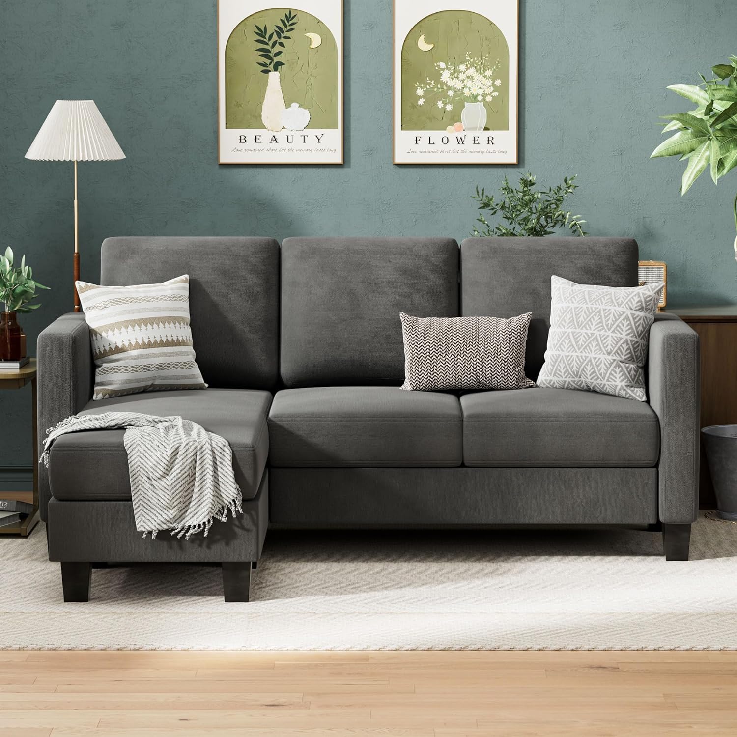 VICTONE Convertible Sectional Sofa Couch, 3 Seat L-Shaped Sofa with Linen Fabric Ottoman Small Couch for Small Apartments, Living Room and Office (Linen Fabric, Dark Gray)